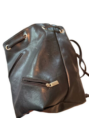 Vintage Excel Handbags Co Black Vegan Leather Drawstring Backpack OS